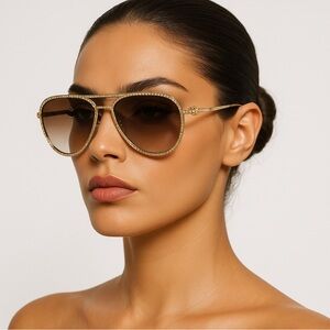 Versace Gold Crystal-Trim Aviators BrownGradientLens Italian Made 59mm Authentic